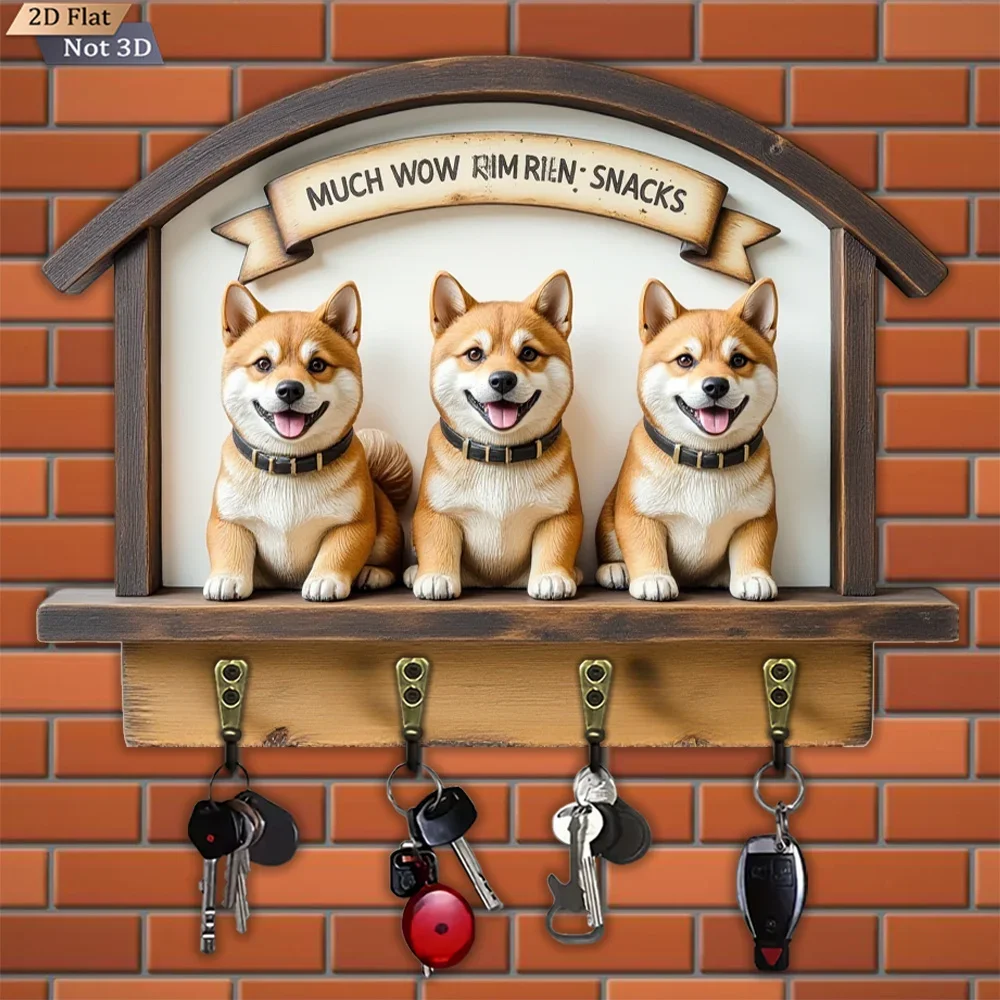 2D Flat, 1pc, Shiba Inu Shaped Key Hook, Wooden Multi-functional Home Key Hook, Includes Four Metal Hooks, Wall Decoration,