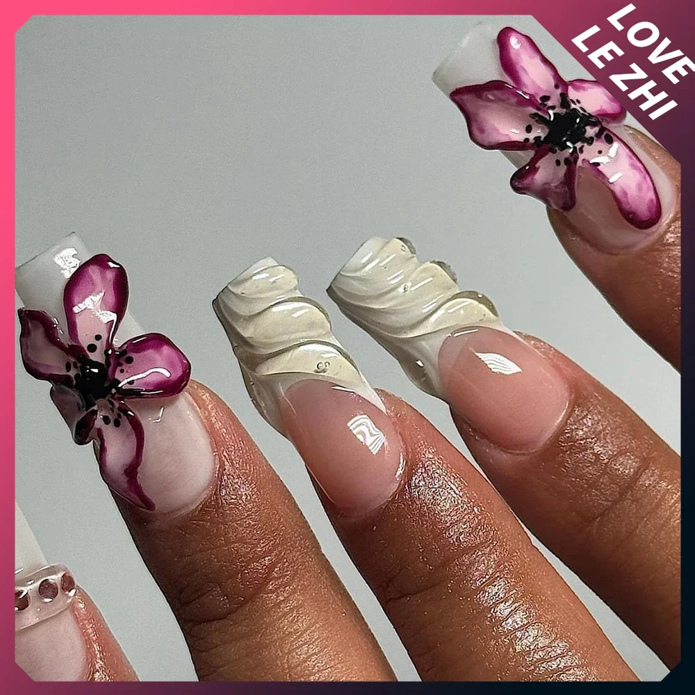 3D French Lilies Flower Gel Nails Art Handmade Almond Squares Coffin High-End Fainting Gradient Fake Nails Women Birthday Gift