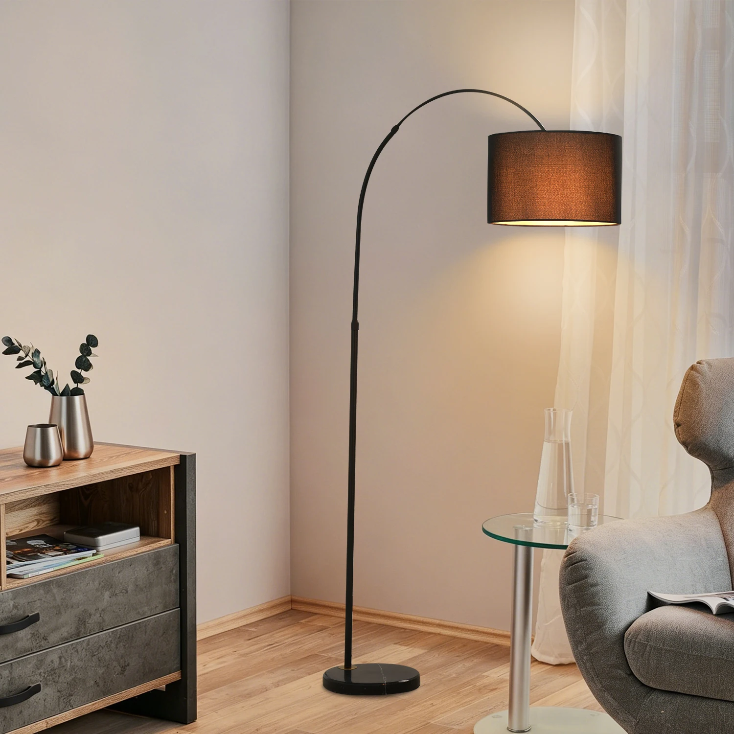 Mid Century Floor Lamp with Gary Fabric Shade Standing Lamp Tall Lamp for Living Room Matte Black Arc Floor Lamp for Bedroom Adjustable Height Stand Up Lamp(Bulbs Not Included)