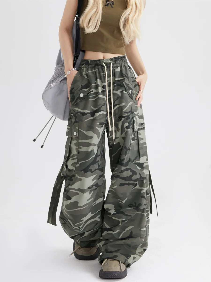 Remedie Camouflage Work Pants Women's Drawstring Sash Hip Hop Dance Casual Trousers Trendy Street Style Asymmetric Pockets