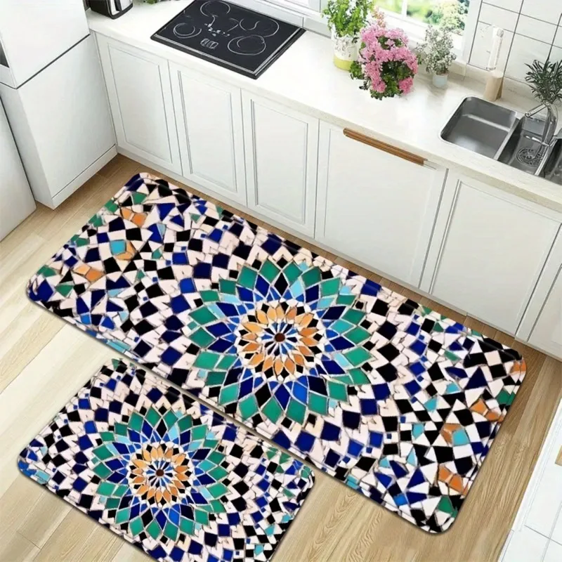 Moroccan Style Kitchen Floor Mat Mosaic Tile Pattern Home Decor Carpet Colorful Geometric Non-Slip Soft Rugs for Living Room