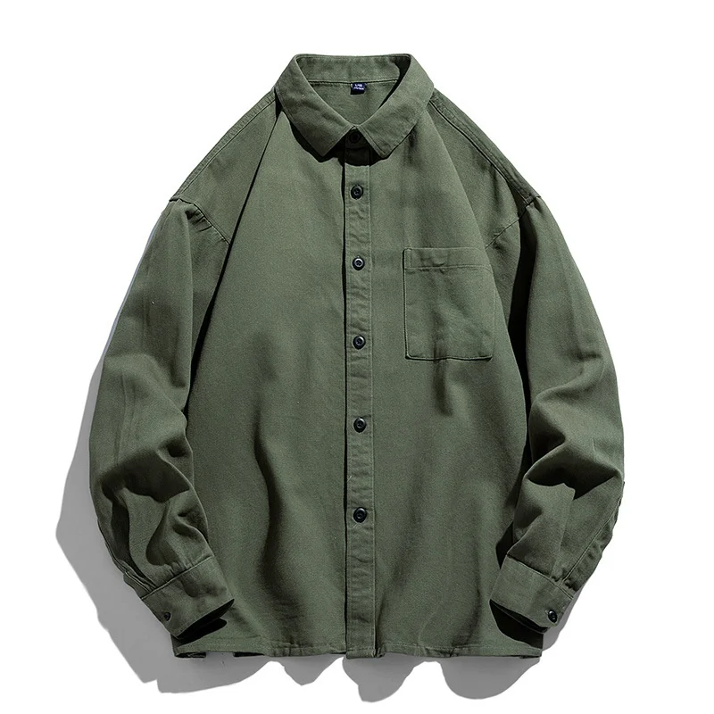 2023 Spring and Autumn New 100 Cotton Men's Shirt Casual Plankton Solid Color Tooling Japanese Trend Ins Long-sleeved Shirt Coat