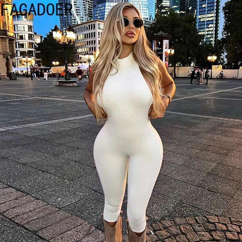 FAGADOER Sexy Bodycon Jumpsuit Women Solid Color Sleeveless Backless Skinny One Piece Romper Female Party Nightclub Overalls New