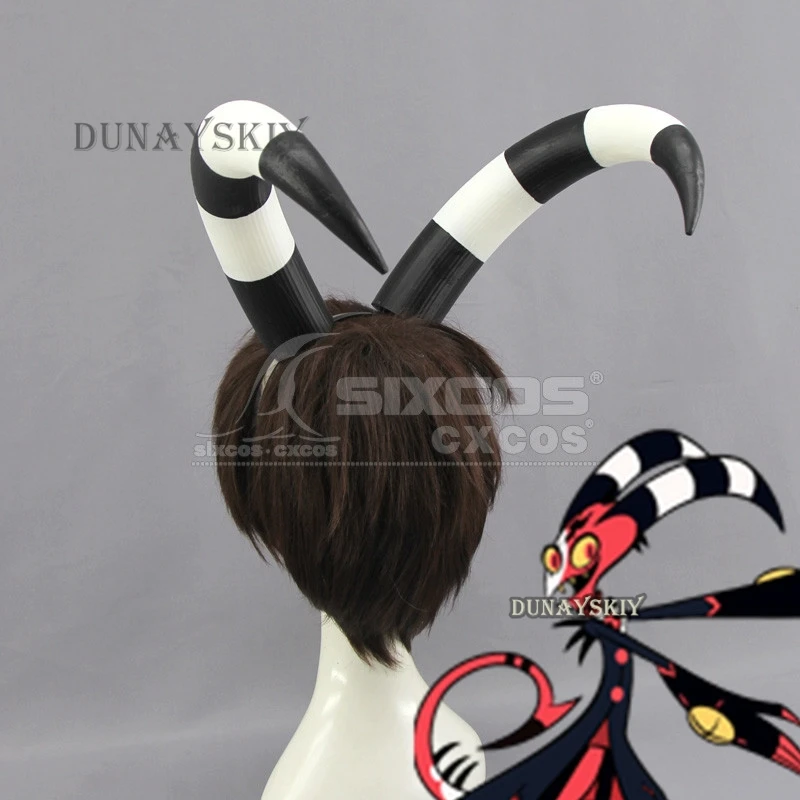 

Blitzo Cosplay Horns Anime Helluva Cos Boss 22cm Balck White Bend Horns Blitzo Prop Women Men Halloween Cosplay Prop