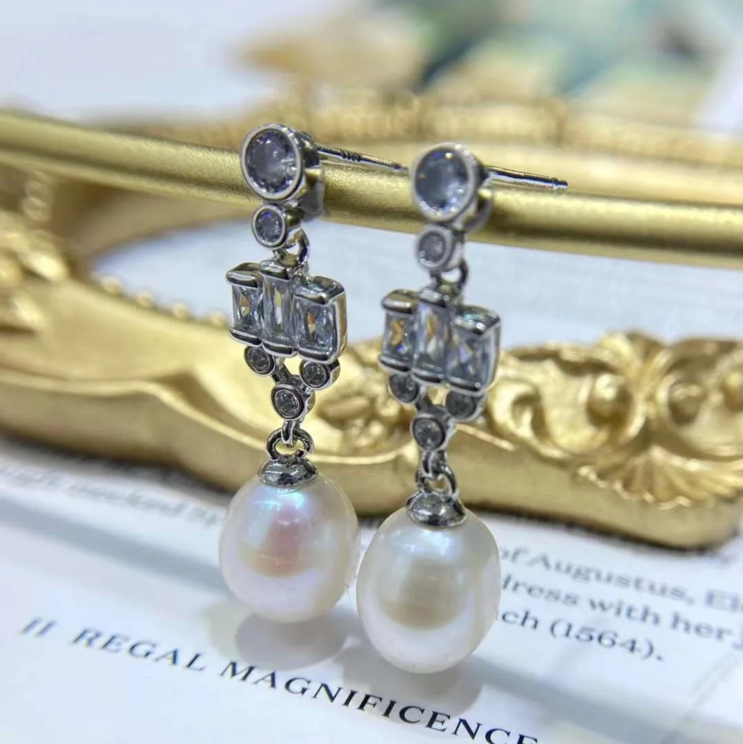 N Princess Earrings 9-10MM Natural High Quality Freshwater Rice Shaped Pearl Earrings Silver Pearl Jewelry