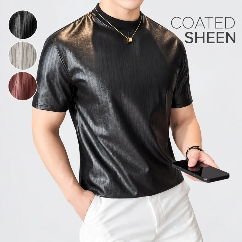 Men's Coated Polyester T-Shirt Slim Fit Short Sleeve Crew Neck Striped Top for Casual Evening Outfits and Daily Wear M-4XL