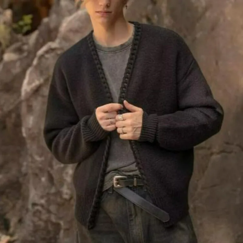 KIDWHXR Herbst Herren Strickpullover Streetwear V-Ausschnitt Herren-Cardigan Retro Einfach Einfarbig Schlank Langarm Vielseitiger Herrenmantel – Detail 3