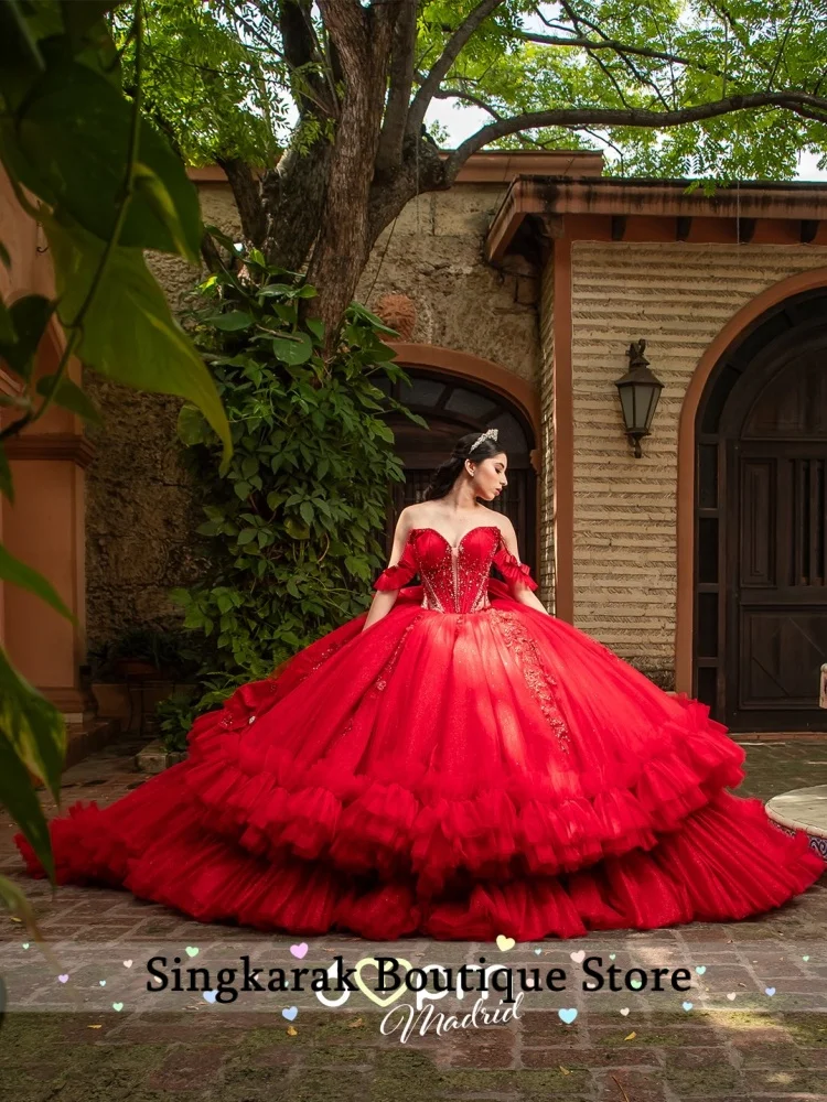 Red Quinceanera Dresses With Detachable Train Ball Gown Crystals Bead Lace Appliques 15th Birthday Party Dress Customized