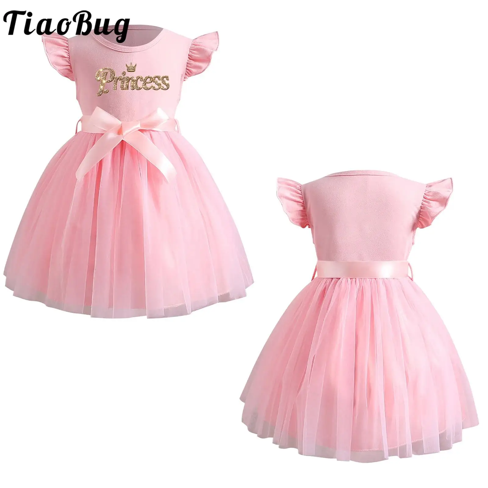 Süßes Sommer-Prinzessinnenkleid für kleine Mädchen, Fliegenärmel, Krone, Buchstaben bedrucktes Tüllkleid mit Gürtel, Bankett, Hochzeit, Festzugskleid
