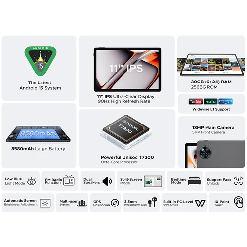 Imagen 2 del producto DOOGEE U11 Pro Android 15 Tablet 30GB(6+24) 256GB 11 ""HD 90Hz Pantalla 8580mAh Batería Unisoc T7200 octa-core Widevine L1