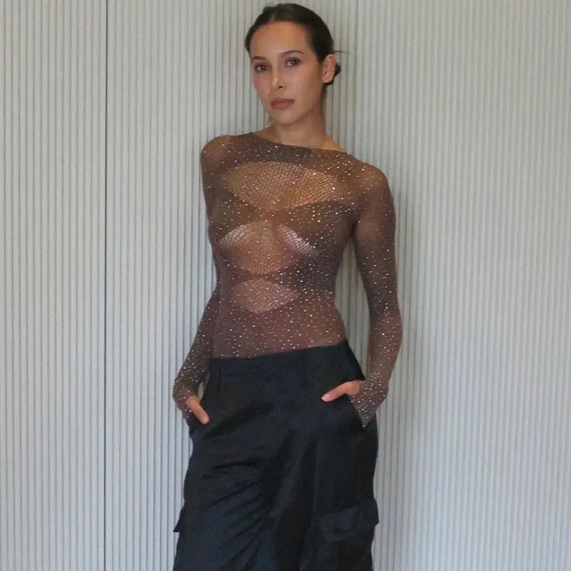 Smvp موضة الماس لامعة داخلية المرأة مثير انظر من خلال الجوف خارج شير بلايسوت الشارع الشهير Y2k الأسود نادي شبكة ارتداءها