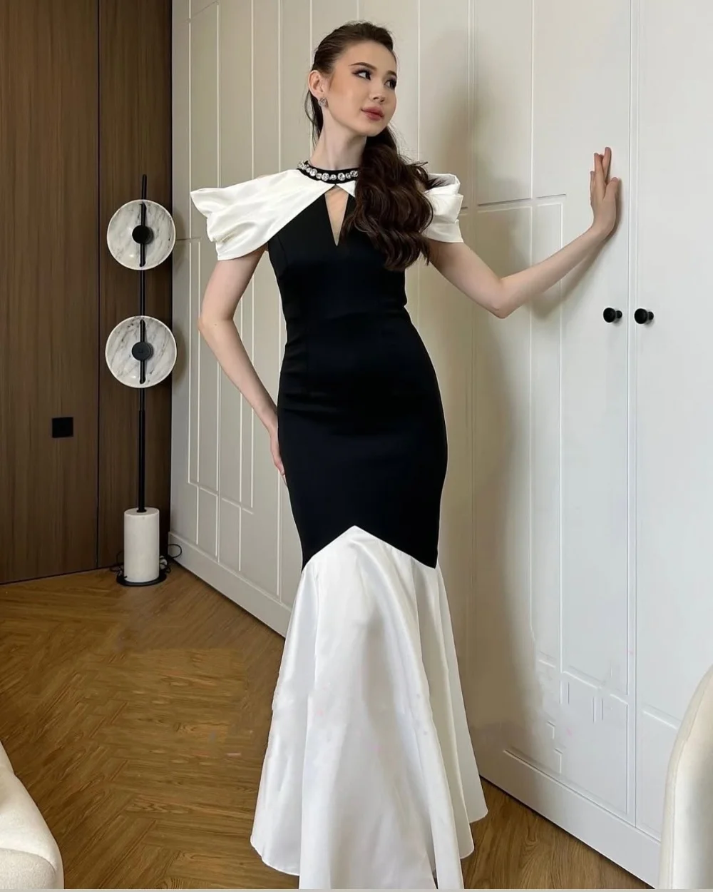 

Customized Sexy Fashion Jersey Pleat Rhinestone Mermaid High Collar Midi Dresses Bespoke Occasion Dresses Sizes Available Casual