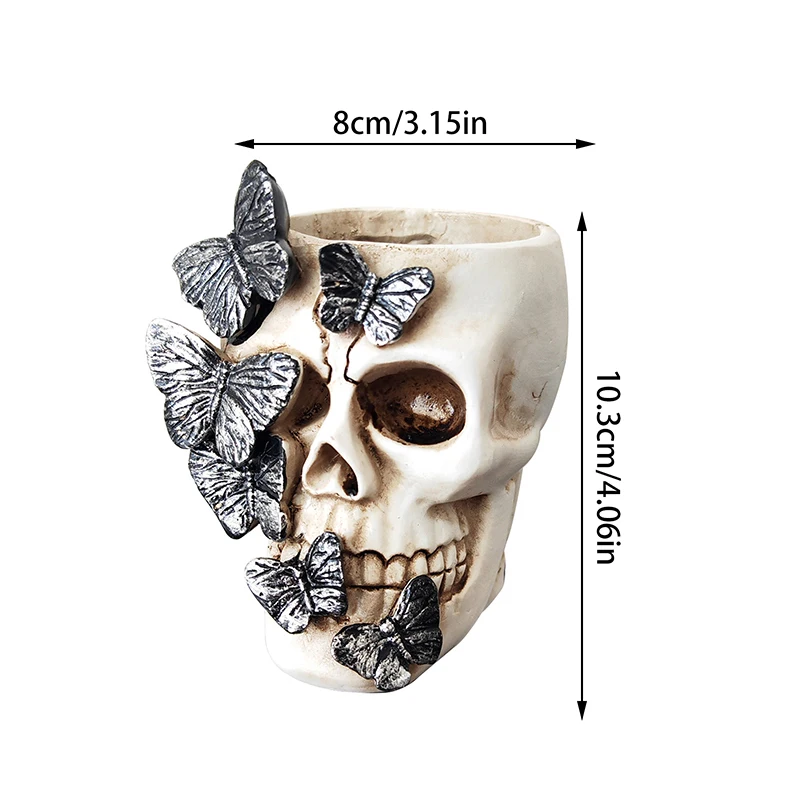 【3CS99】Skull Pen Cup Makeup Brush Holder Bathroom Storager Holder Spooky Goth Desk Decorations