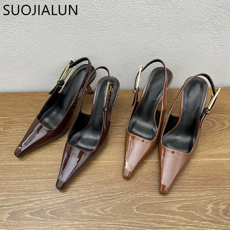 SUOJIALUN Spring New Brand Women Sandal Fashion Pointed Toe Shallow Slip On Slingback Shoes Thin High Heel Outdoor Dress Pumps