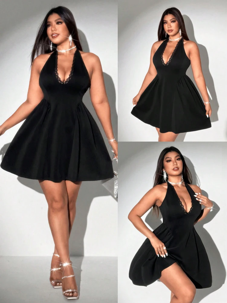 Plus Size Women Halter Black Mini Dress Lace Deep V Neck Sleeveless A Line Flare Club Party Short Dress