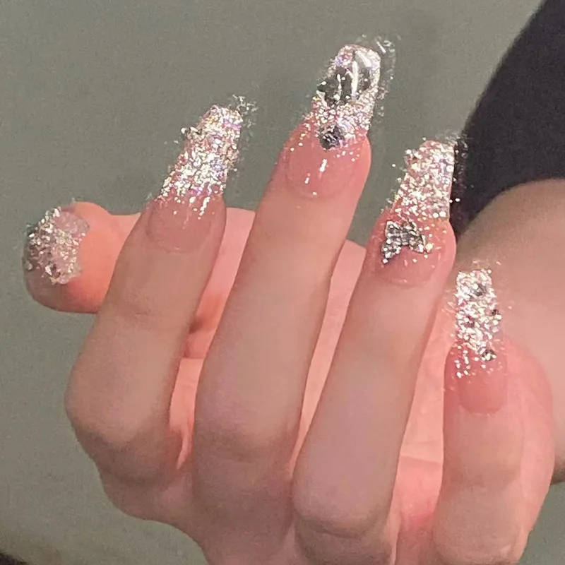 Pregos postiços de borboleta 3D de strass, pressão longa nas unhas para colagem, unhas postiças coreanas, encantos, arte com ferramentas, comprimento médio, 24 peças