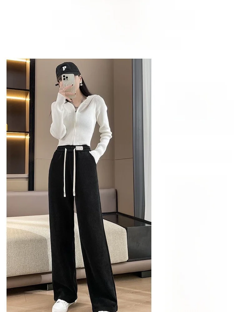 High Waist Slimming Fce Lined Thi Wide Leg Pants Women Loose Casual Small Size Straight Long Trousers Autumn Winter