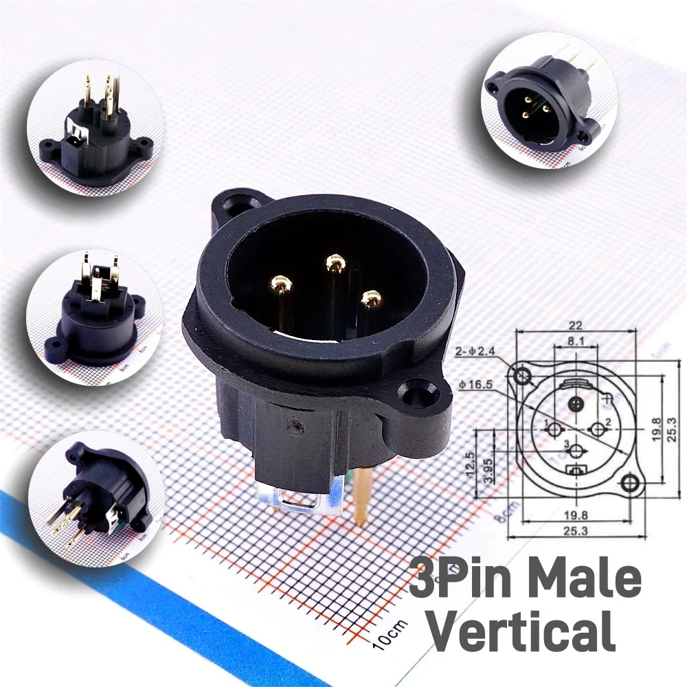 2/5 Pcs XLR Connector Panel Mount Socket Female / Male Plug 3 5 Pin Circular Gold Plate Vertical Straight TH PCB Right Angle