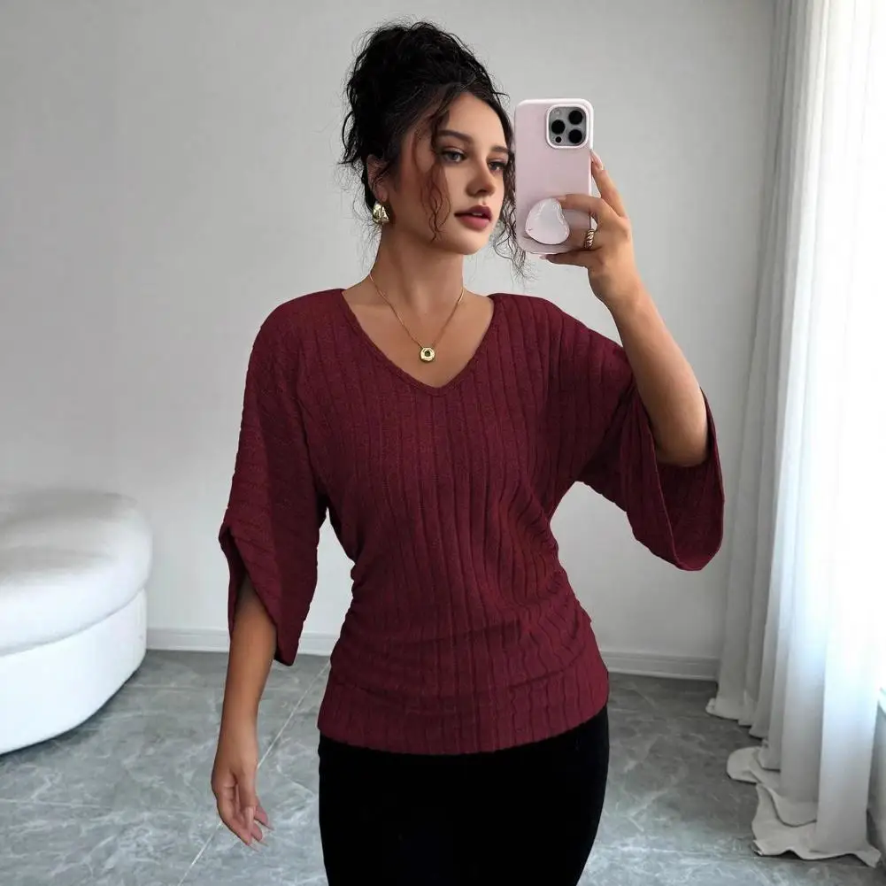 Women Vertical Striped Knitted Pullover Tops V Neck Pure Color Slim Casual Daily Wear Soft Breathable Lightweight Blouse