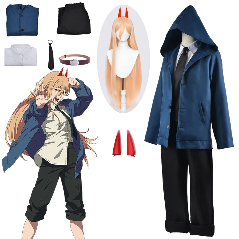 Anime Power Cosplay Chainsaw Man Costume Women Blue Casual Outfits Jacket Pants Suit Red Hairpin Blood Devil Halloween Party Set