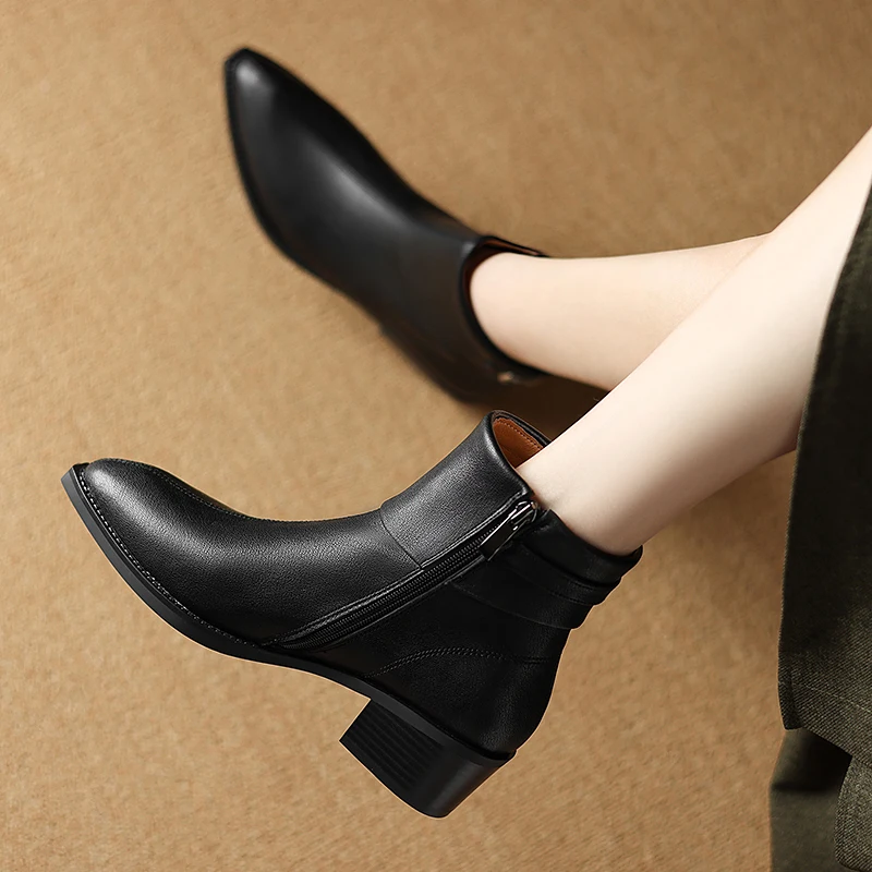 Concise Basic Women Ankle Boots Pointed Toe Mature Shoes Woman Back Zipper 2024 Autumn Winter New Genuine Leather Office Lady