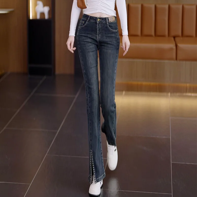 Black micro-cropped denim pants spring high-waisted slimming wide-leg pants casual horseshoe horn pants for women