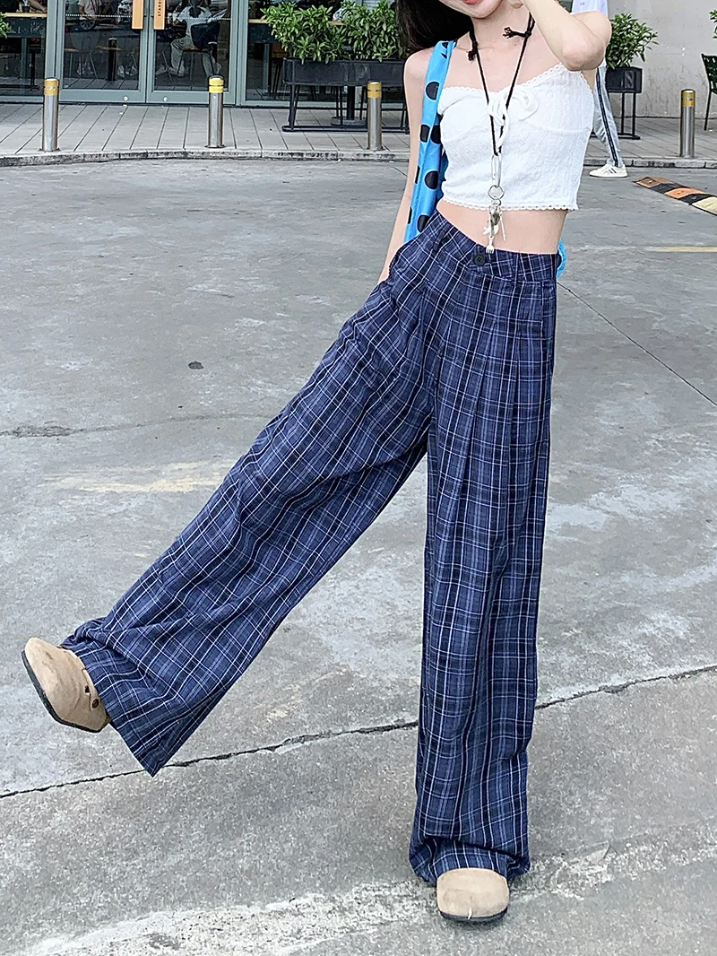 อเมริกันวินเทจลายลายสก๊อตกางเกงขากว้างผู้หญิงสีน้ำเงินเข้มตารางกางเกงทรงหลวมสุภาพสตรีเกาหลีเอวสบายๆกางเกงตรง