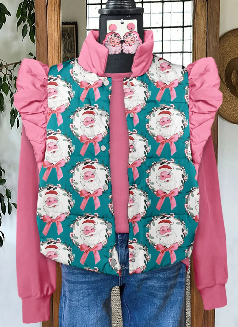 2024 new winter windproof, warm, comfortable, fashionable vest button warm jacket 3D printed pattern women's winter jacket sleev