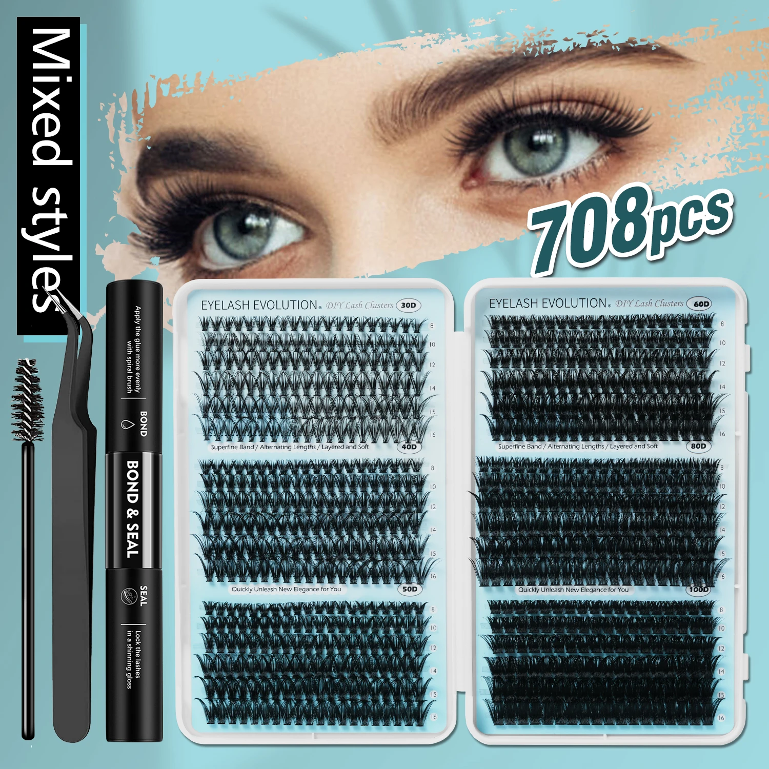 

708pcs Individual Lashes DIY Lash Extension Kit Cluster Eyelash Extension 8-16mm with Bond and Seal Wispy Natural Mange Lashes