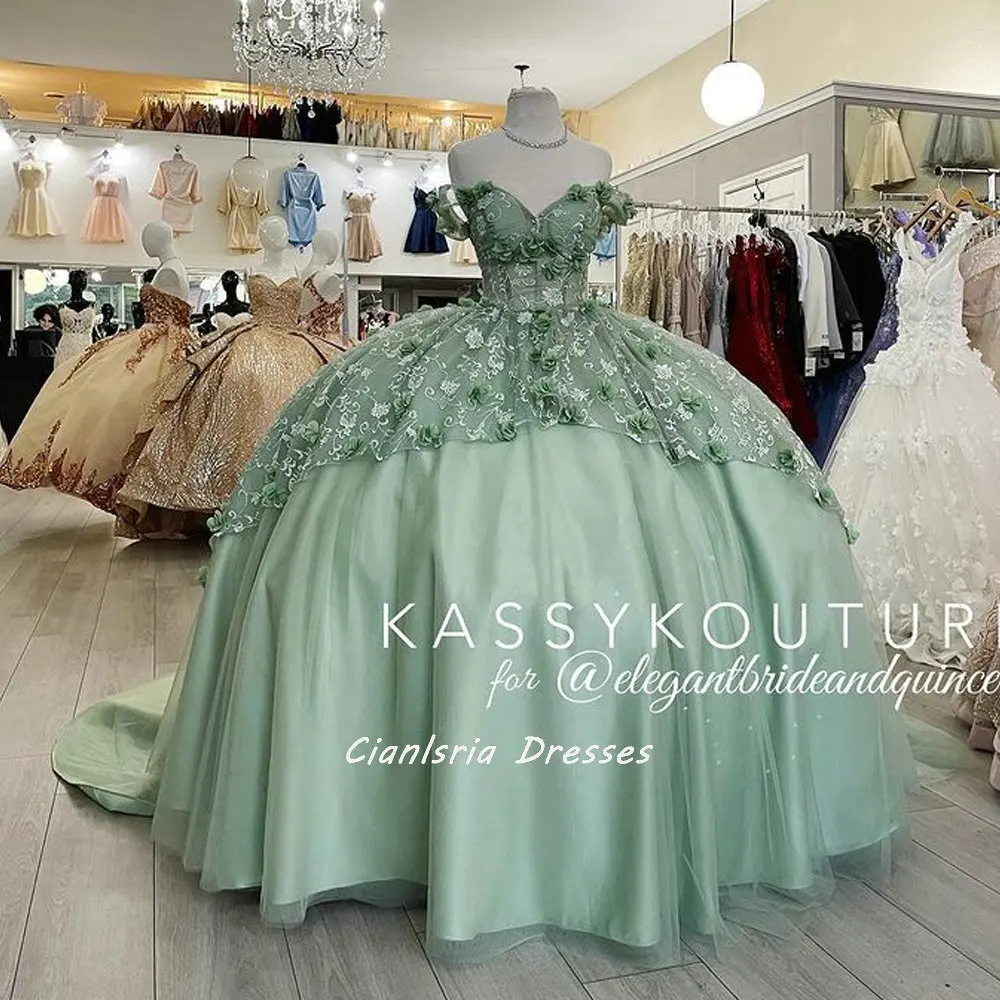 Mint Green Floral Lace Handmade Flowers Quinceanera Dresses Ball Gown Off The Shoulder Tiered Corset For Sweet 15 Girls Party