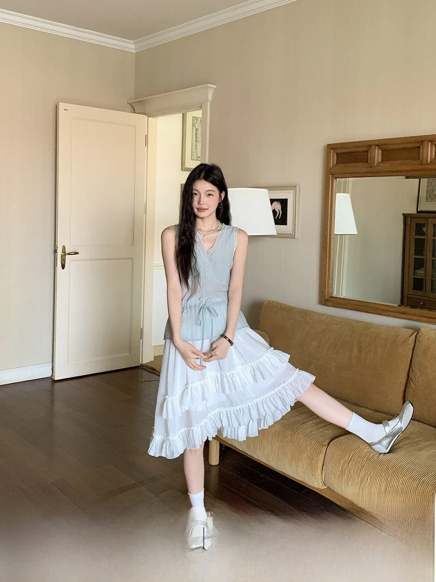 

Юбка Linyunyun в корейском стиле с кружевным декором, белая асимметричная летняя юбка-тортик с высокой талией, повседневная юбка из полиэстера