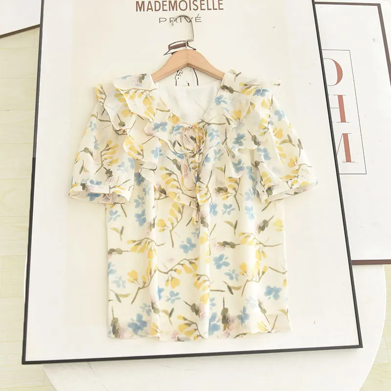 

Sweet Floral Lace Trim V-Neck Summer 2025 New Style Shirt Blouse Elegant Chiffon Women's Fashion Top Quality Fabric