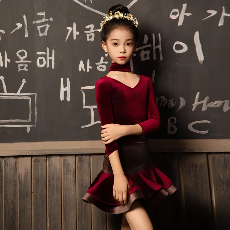 Girls Latin Dance Dress Children Latin Dancing Competition Suit V-Neck Long Sleeve Bodysuit Velvet Skirt Performance Wear 2249