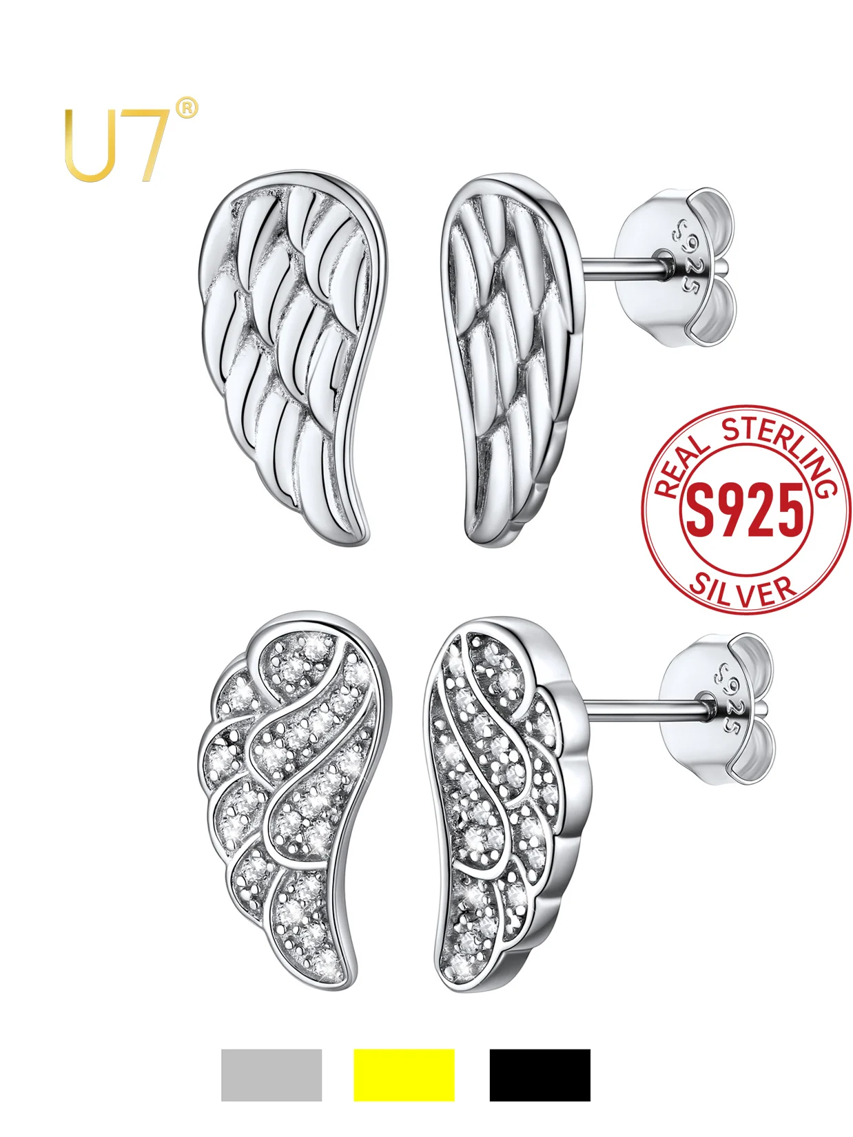 

U7 925 Sterling Silver Angel Wings Stud Earrings White Black CZ Pave Setting Cute Brincos Women Elegant Daily Jewelry