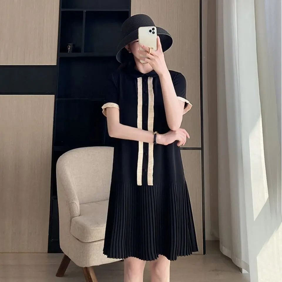 Black Dress Women\'s Summer 2023 New Fashion Loose Collar Short Sleeve Straight Tube Dress Ruffled Mid Length Dress