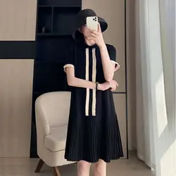 Black Dress Women's Summer 2023 New Fashion Loose Collar Short Sleeve Straight Tube Dress Ruffled Mid Length Dress