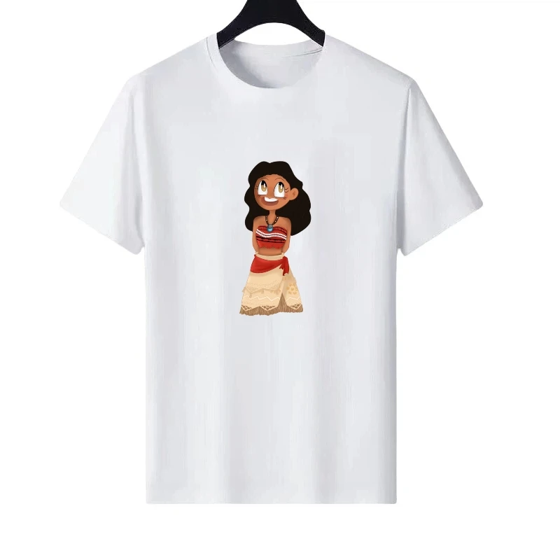 

Женская одежда для родителей и детей с узором Disney Moana, белые летние свободные топы с принтом, женские дешевые футболки с короткими рукавами, блузки
