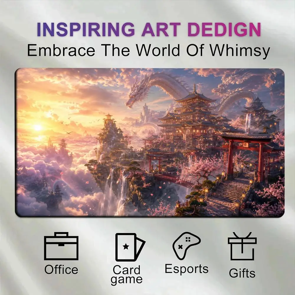 Magical Oriental Heaven Sunrise Fantasy Scene White Serpent Dragon Floating Ancient Palace Cherry Blossoms Waterfall Sea Clouds