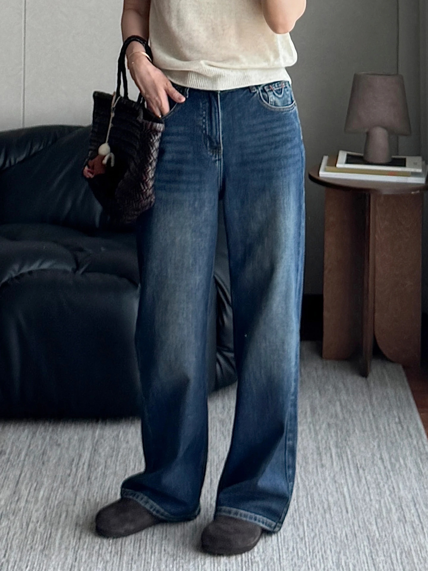 

Slim Fit High Waist Denim Jeans Straight Leg Floor Length Waed Loose Feel Pure Color Wide Leg Pants Casual Cotton Ladies Jeans