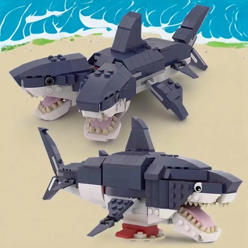 

MOC Idea Морские существа Глубоководная Великая белая акула и двуглавая акула Строительные блоки Модель DIY Детская игрушка Подарок на день рождения
