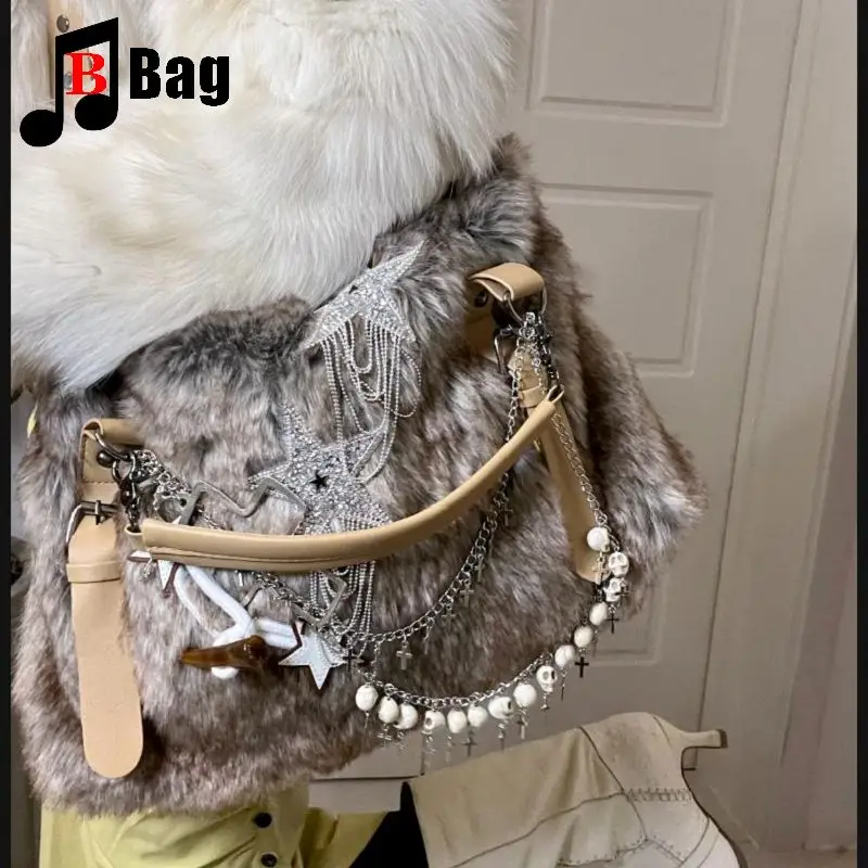 Y2K Gothic Women Girls punk Handbags Harajuku Furry European Glitter Star Single Shoulder Crossbody Bag Large Capacity Totes