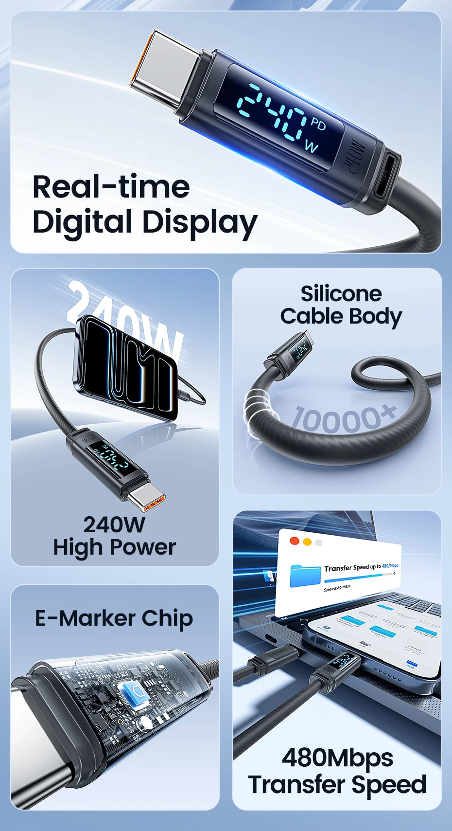 Toocki 240W USB-C-Kabel Typ C Schnellladung PD 3.1 Digitales Display USB-C Silikon-Datenkabel für iPhone16 17 Xiaomi OPPO Macbook – Detail 2