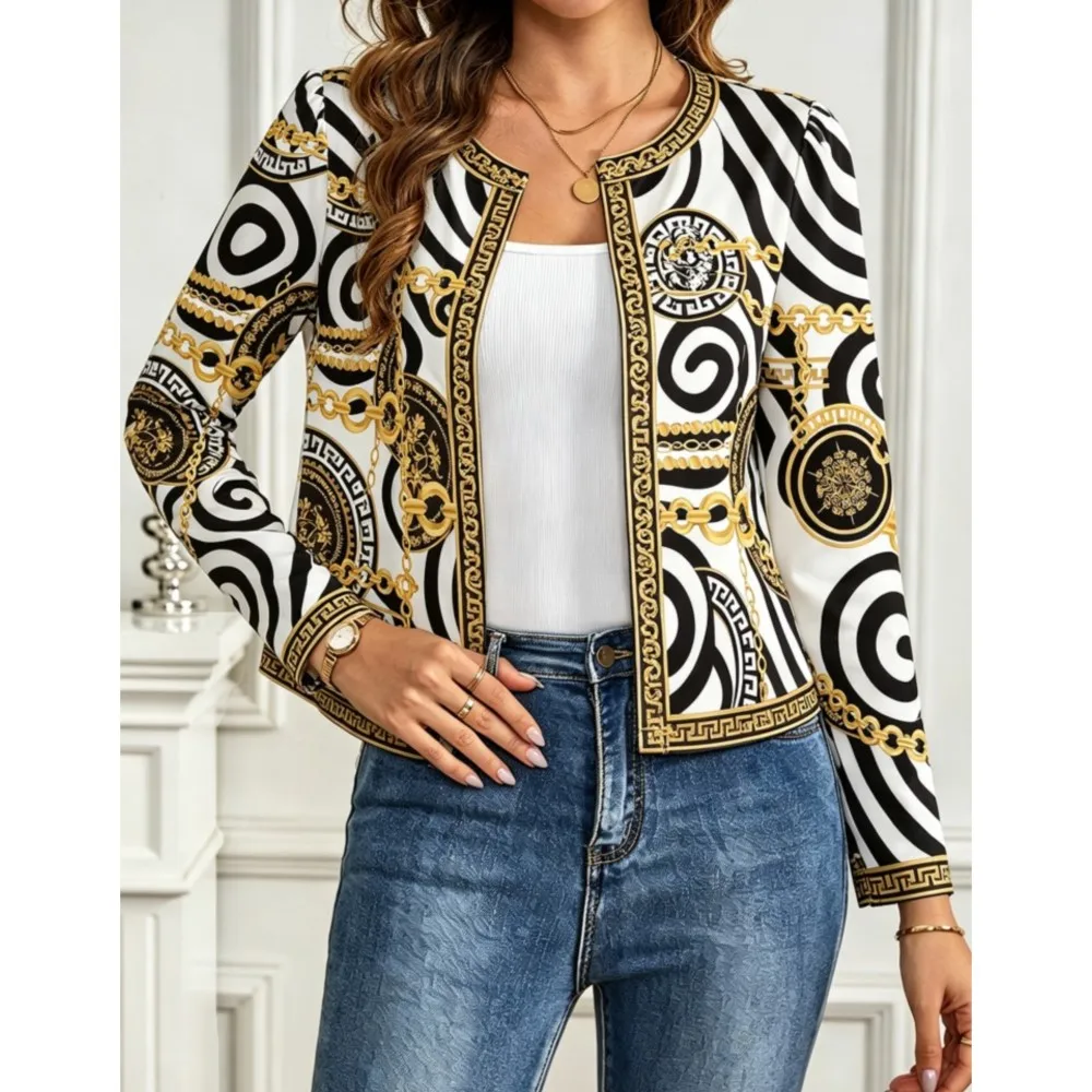 Fall New Printed Casual O Neck Long Sleeved Cardigan Women Short Fashion SIim Simple Elegant Suitable Office Blazer Female Coat