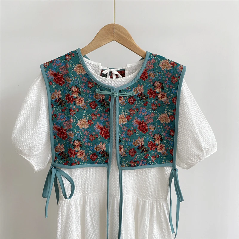 Women Chic Embroidered Shoulder Scarf Shawl Wrap Literary Fashion Floral Shirt Fake Collars Retro Vest Waistcoat Female Cape