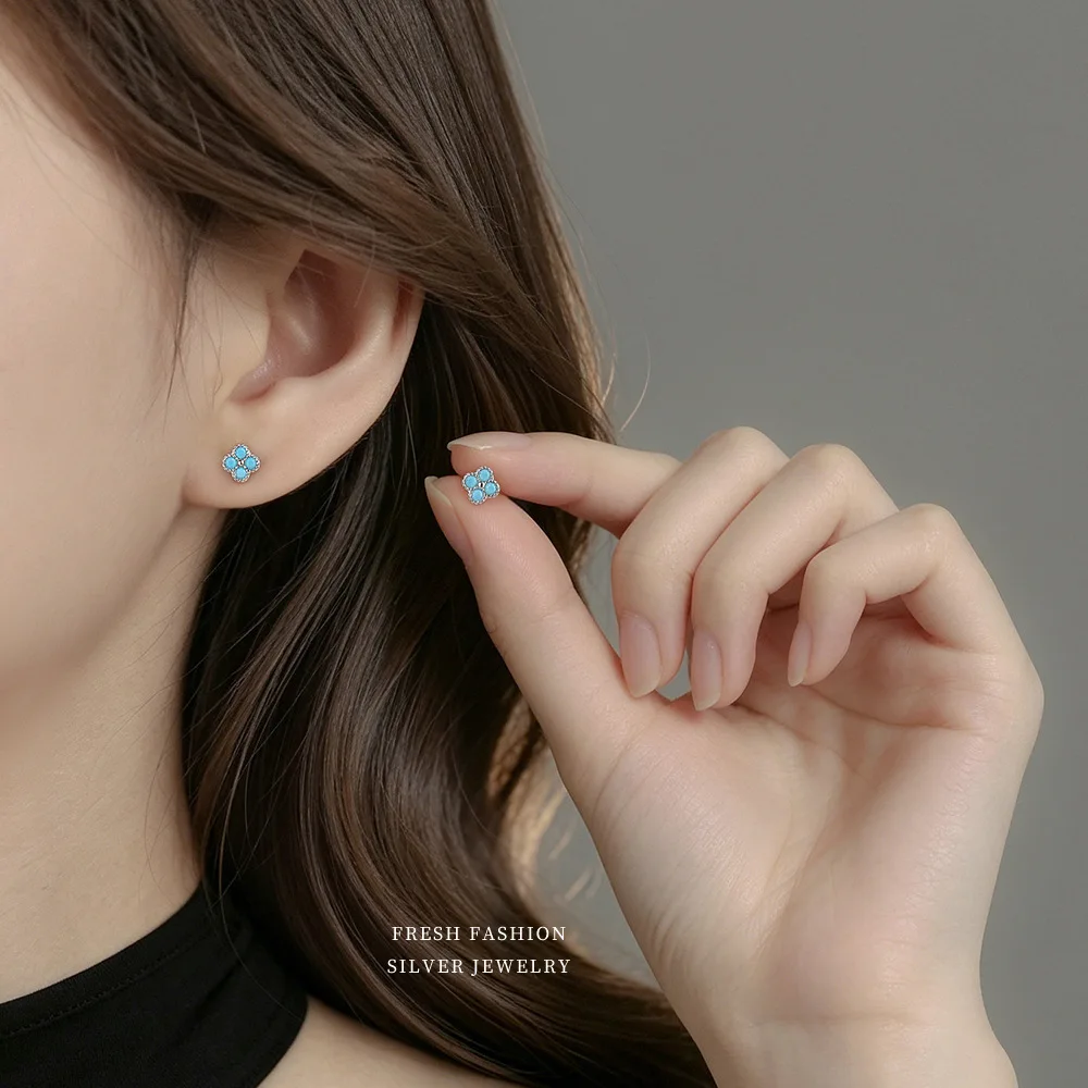 F.I.N.S 925 Sterling Silver Turquoise Four-Petal Flower Stud Earrings for Women Fashion Sweet Clover Statement Ear Fine Jewelry