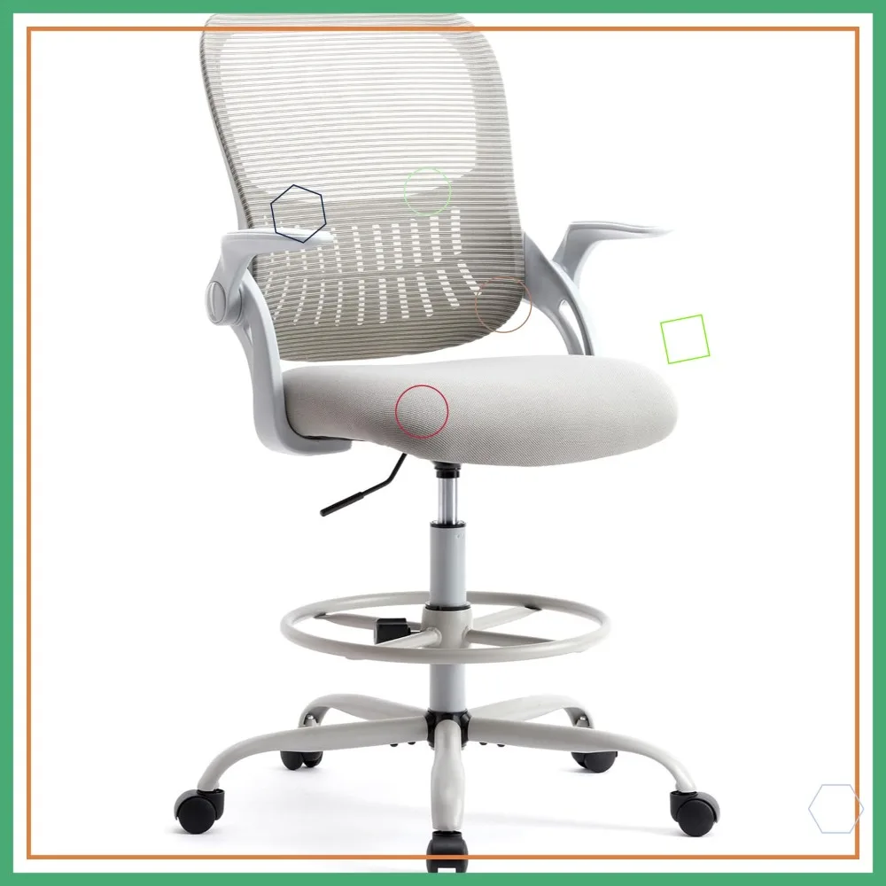 كرسي مكتب مريح عالي البراز - كرسي صياغة بارتفاع قابل للتعديل مع دعم قطني ومسند للقدمين، رمادي