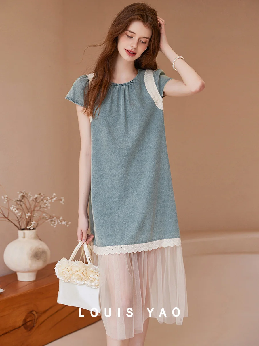 

LOUIS YAO 2025 Summer Round Neck Shoulder Dress New Non Elastic Contrast Lace Mesh Splicing Women's Cowboy Dress