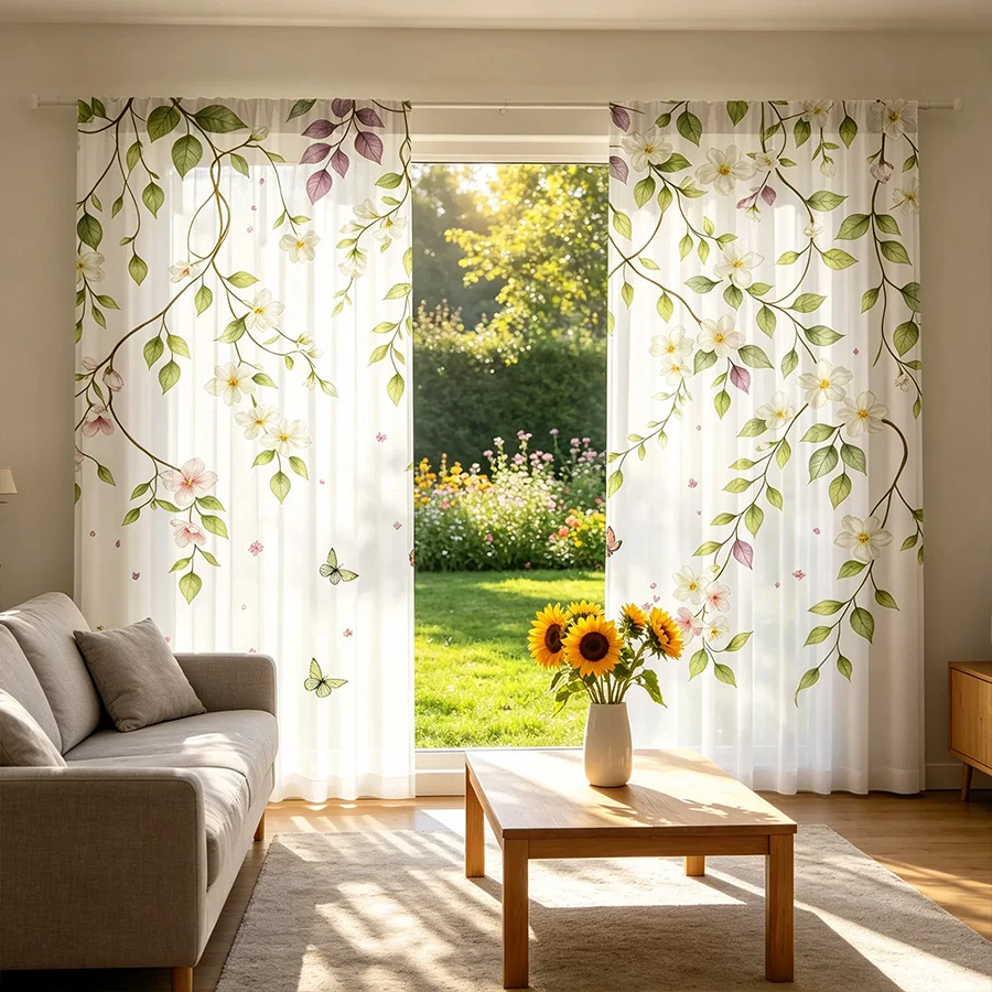 2PCS Floral Vine Butterfly Sheer Curtains