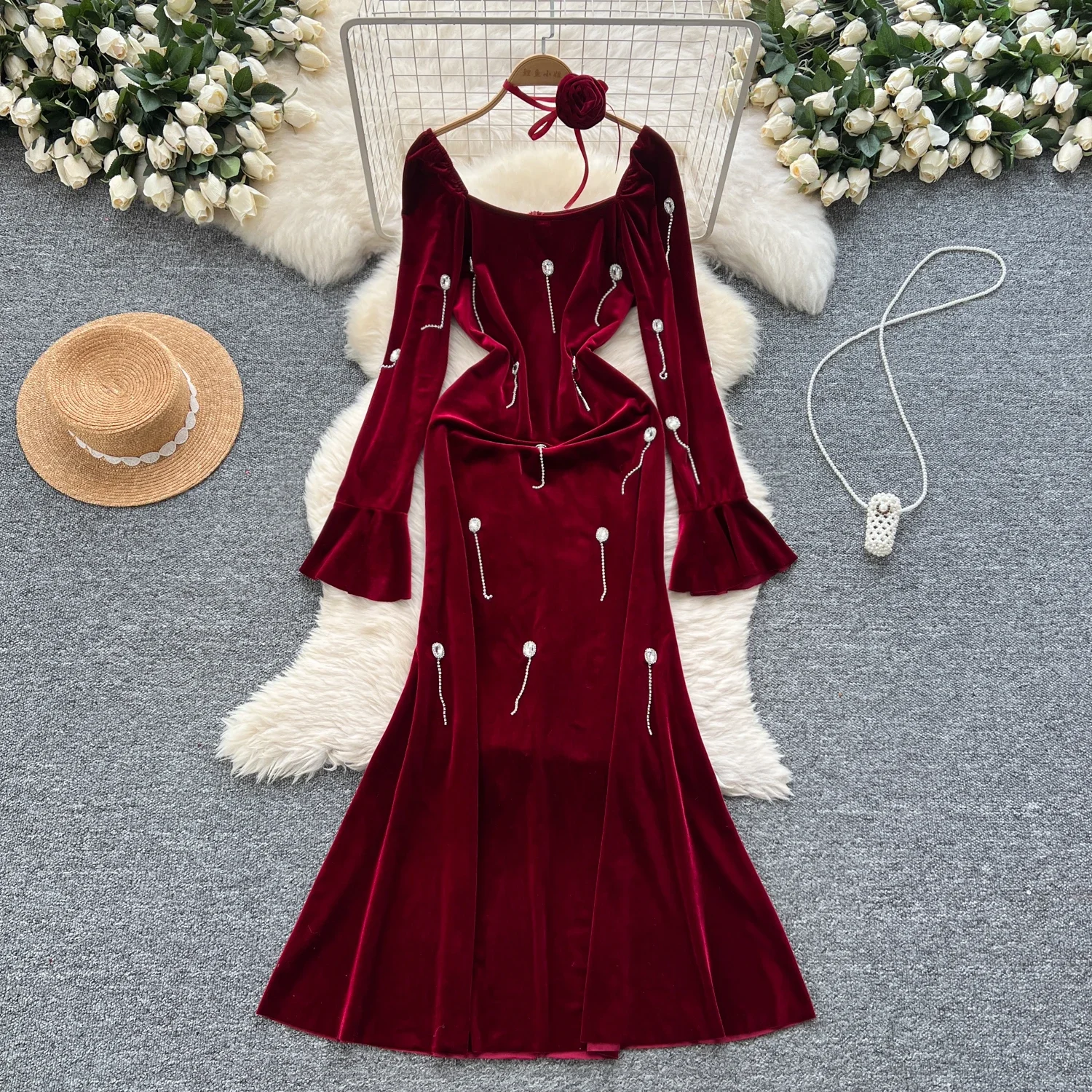 Elegante colletto quadrato vintage maniche lunghe svasate strass abiti lunghi in velluto sottile abiti da sera francesi abbigliamento invernale da strada