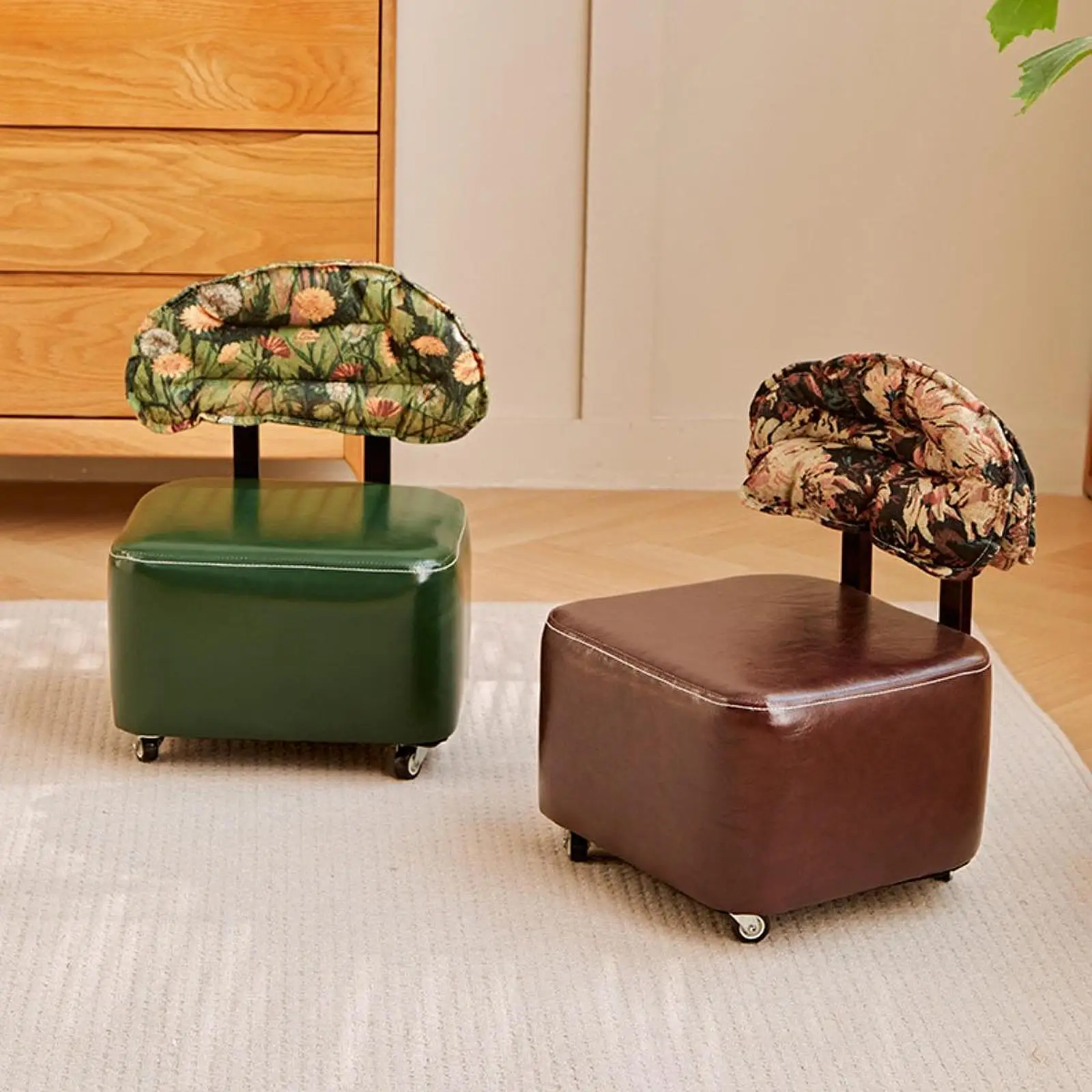 

PU Leather Square Rolling Stool with 360 Swivel Seat Compact Floor Safe Wheels for High Stools Kitchen Bar Spa Home